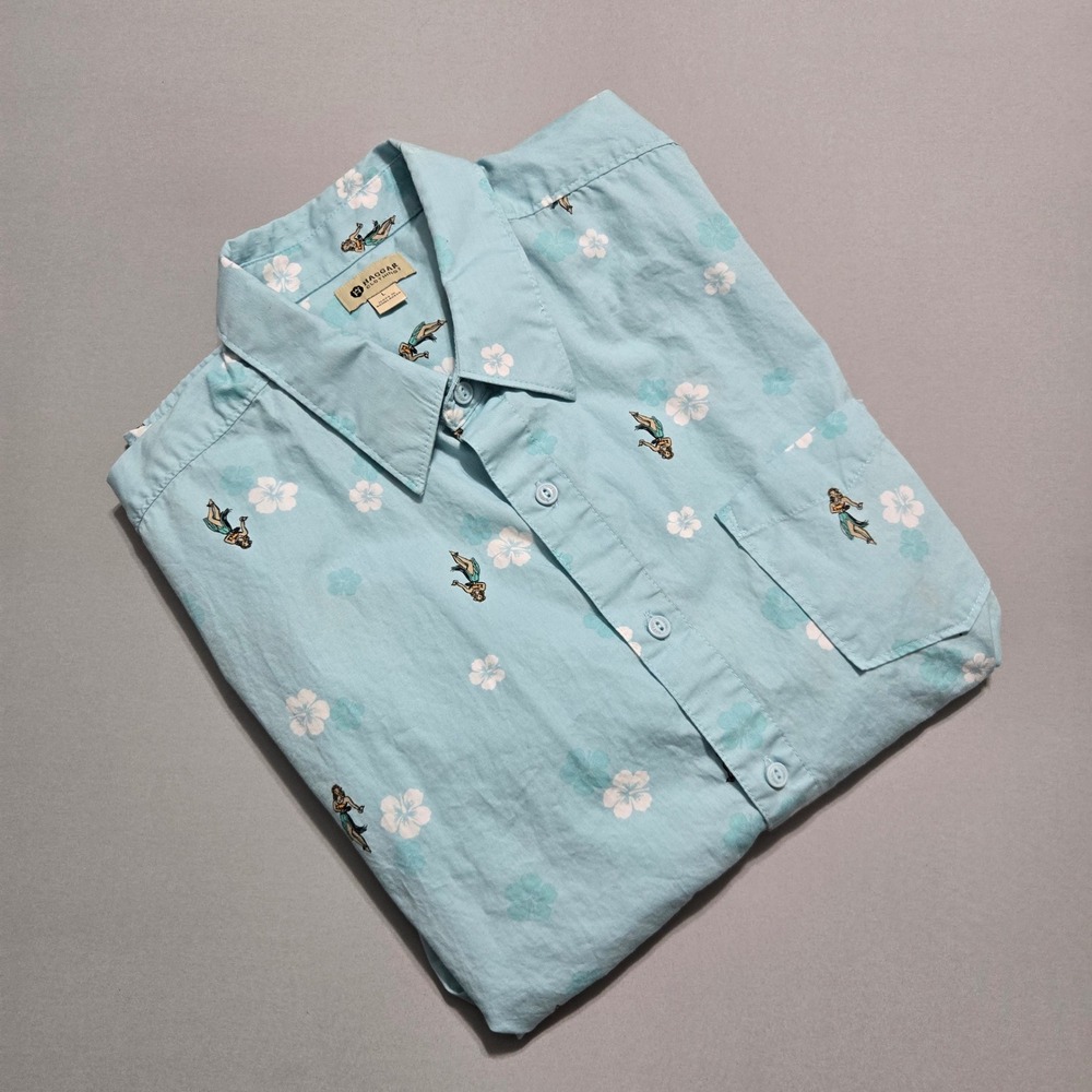 Haggar Hula Girl Shirt Mens Large Light Blue Tropical Hawaiian Button Up Cotton
